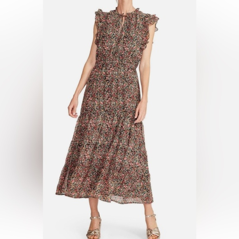 BB DAKOTA STEVE MADDEN XS Black Pink Floral Maxi Ruffle Tier Dress